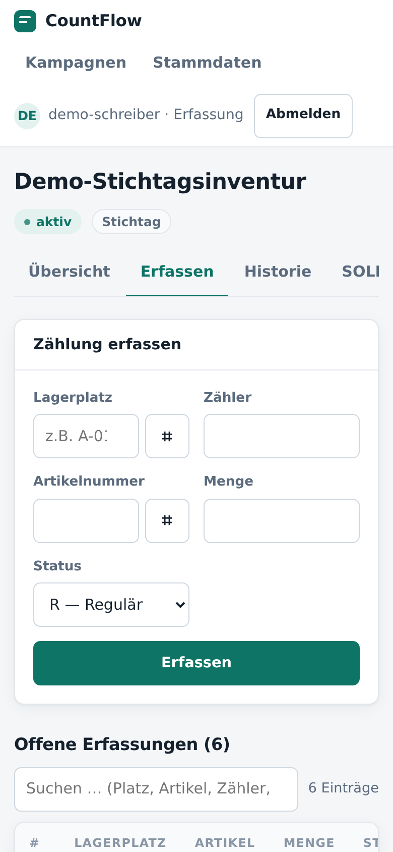 Mobile Zählmaske mit Scan-Buttons für Lagerplatz und Artikel